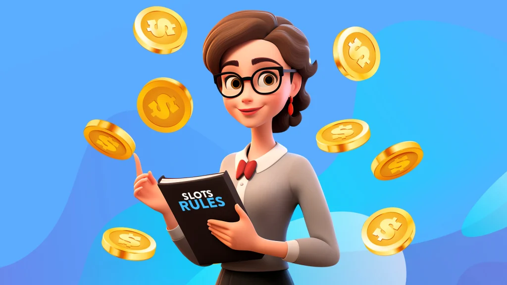 A cartoon female with a book on slots rules, titled ‘Slots Rules’.