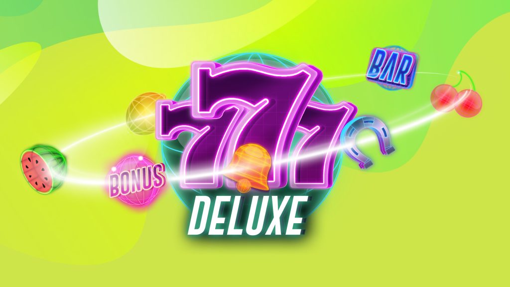 Text reads ‘777 Deluxe’ – a SlotsLV online slot – with fruits, bonus, horseshoe, and bar slots symbols floating around it. 