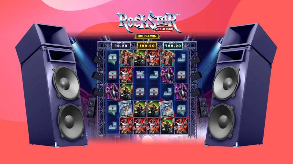 The SlotsLV online slots, Rock Star World Tour, game reels, with speakers either side.