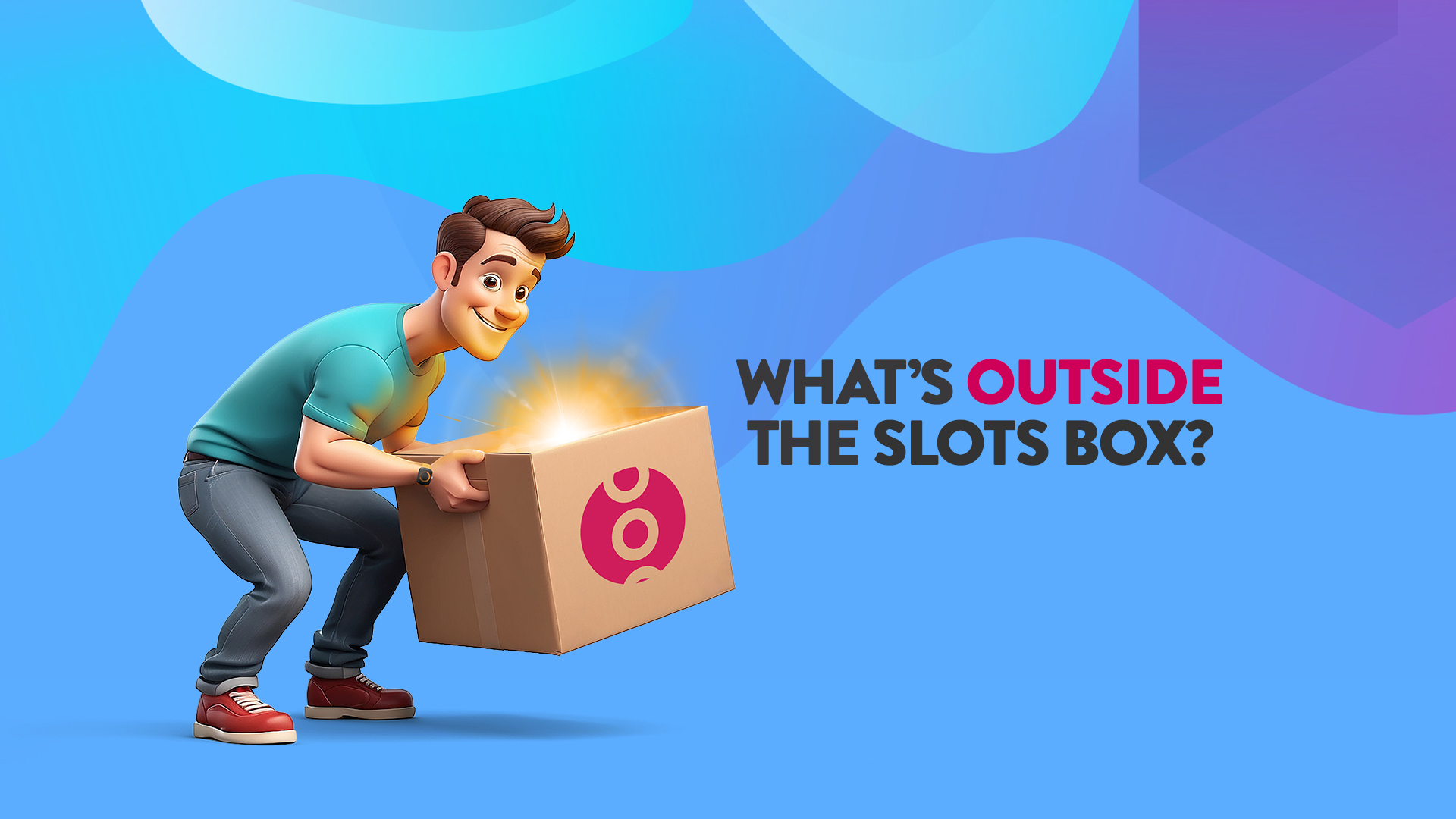 Man is bent over holding a box next to text that reads ‘What’s Outside the Slots Box?’ over a blue background.