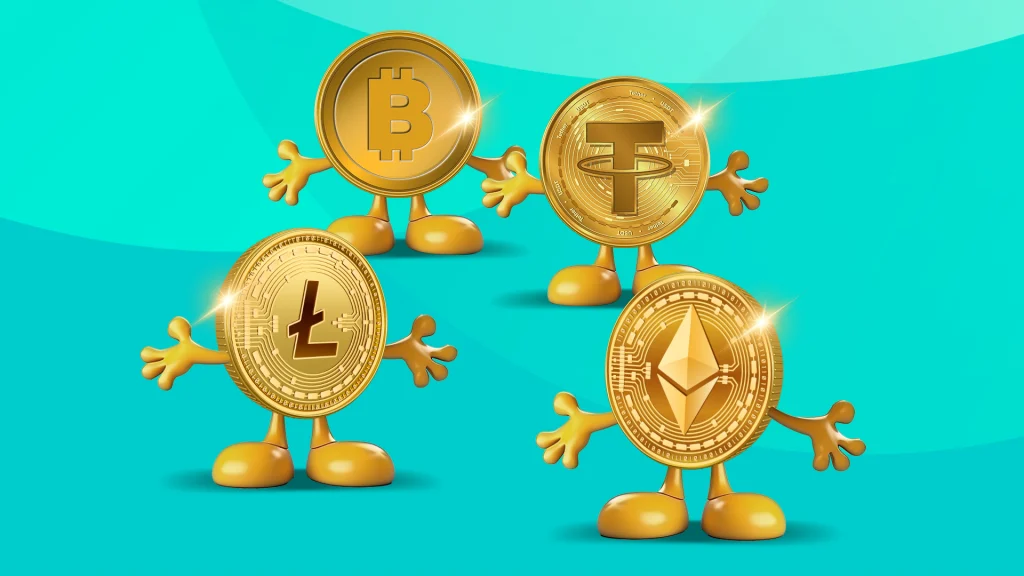 Four cryptocurrency gold coins feature including Bitcoin, Litecoin, Ethereum and Tether. 