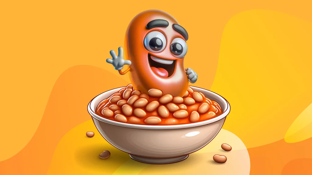 There’s a bowl full of beans and a big bean coming out of it and waving, all on a golden yellow background.  