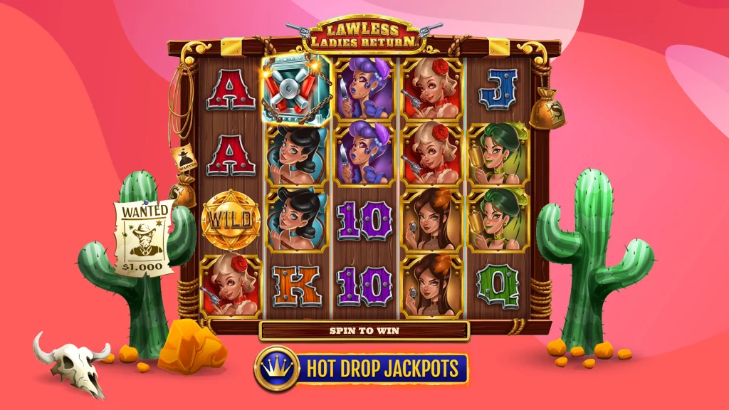 A 5x4 slot grid with two cactus on either side is on top of a pink background with ‘Hot Drop Jackpots’ text underneath. 