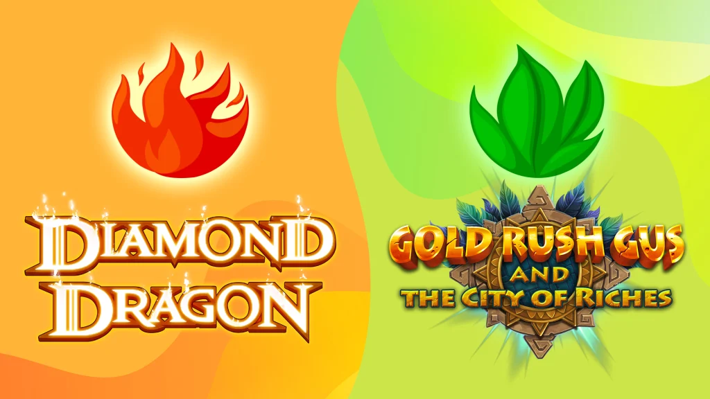 One side is orange and it says ‘Diamond Dragon’ with fire above it, and the other side is green saying ‘Gold Rush Gus and the City of Riches’ with a leaf above it. 