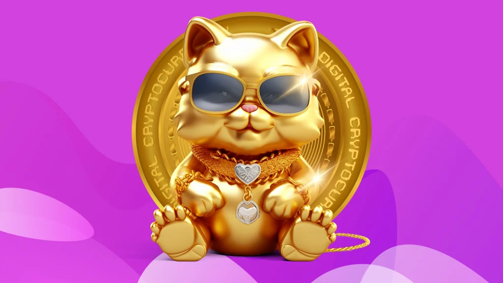 On a purple background is a golden cat with sunglasses sitting in front of a golden coin. 