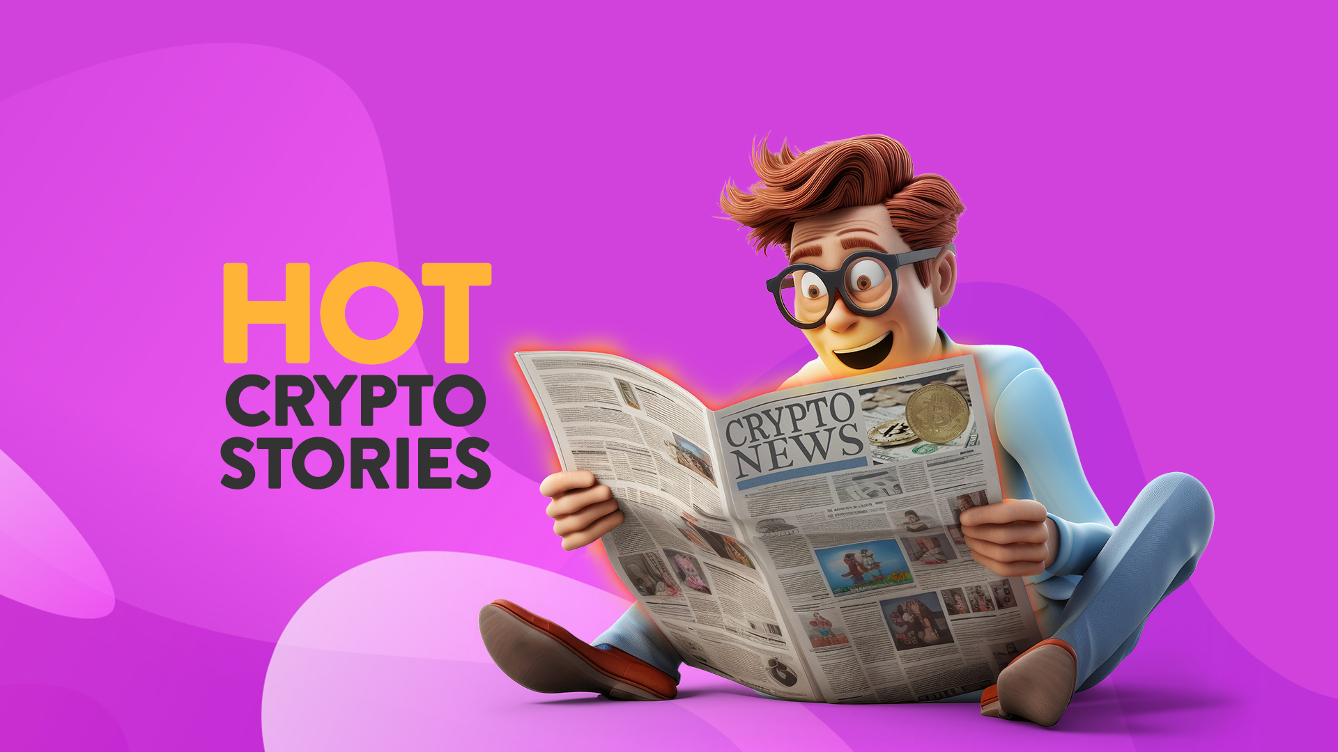 A cartoon man is sitting down reading a newspaper titled ‘Crypto News’, and to his left is ‘Hot Crypto Stories’, and all is on a purple background.
