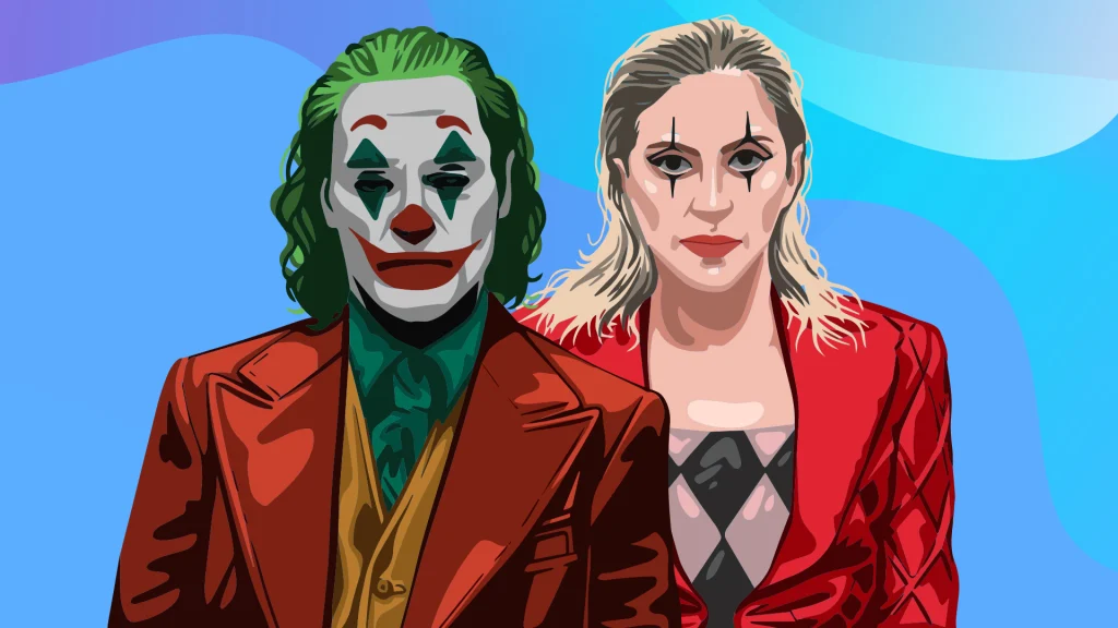 A cartoonized depiction of the "Joker" standing side by side with Harley quin.