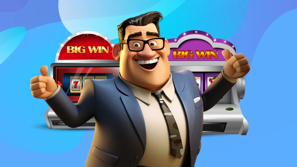 A cartoon man in suit in front of slot machines, gesturing a thumbs up; the slot machines say ‘Big Win’.