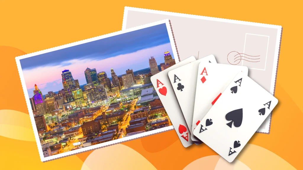 On a yellow background, the front and back of a city postcard and four cards of Aces are displayed.
