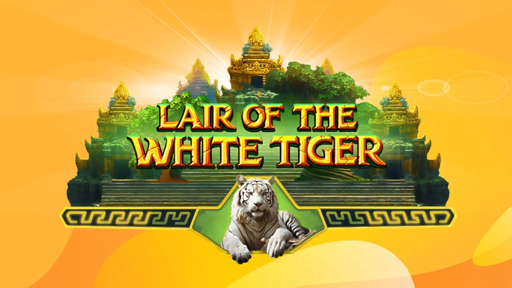 On a golden yellow background text in the middle says ‘Lair of the White Tiger’ and a white tiger is crouched in the front center with a jungle and golden palace looming behind it. 