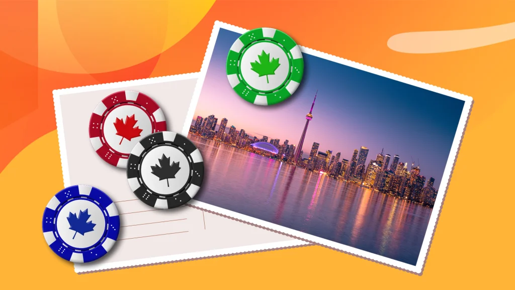 Four betting chips are on top of a front and back city post card on a yellow background. 