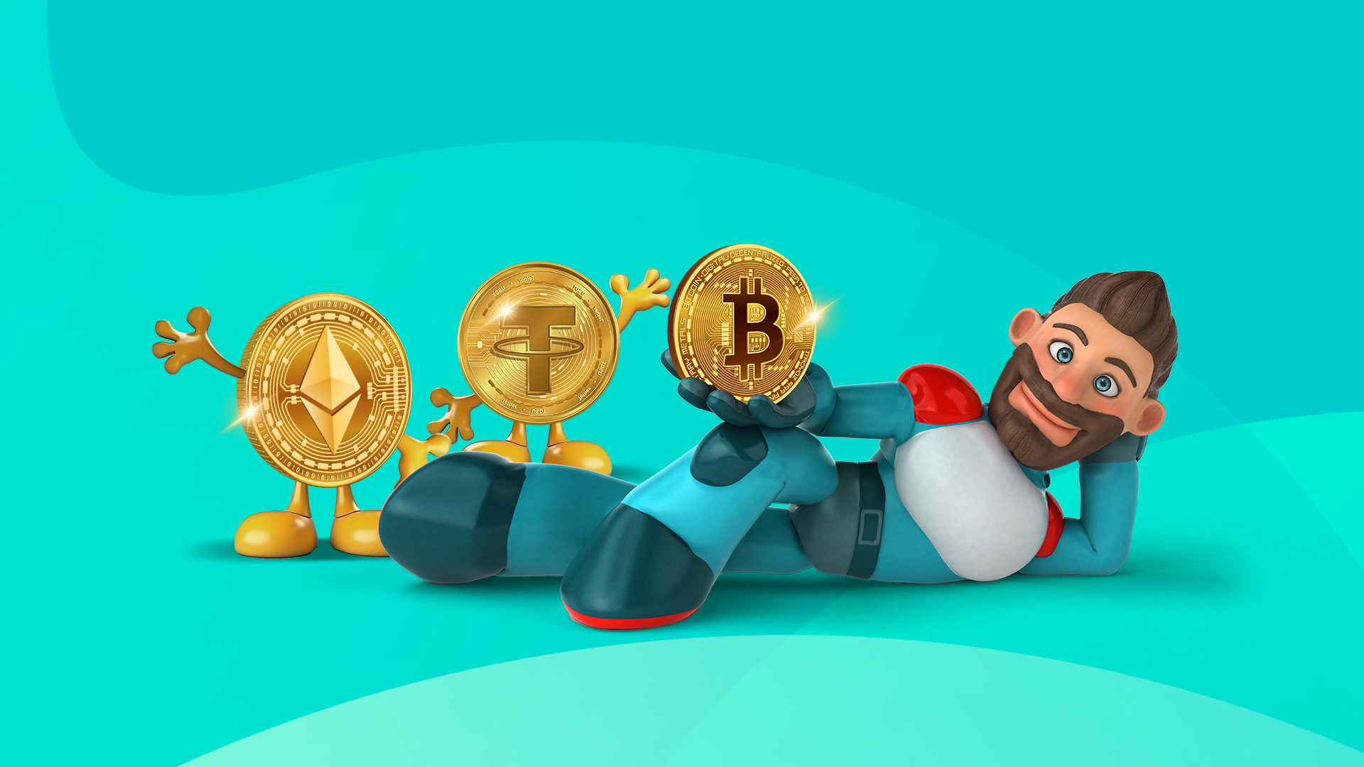 An animated male character wearing a robot suit is laying down holding a golden Bitcoin coin. Other tokens also feature on multi-tone blue background.