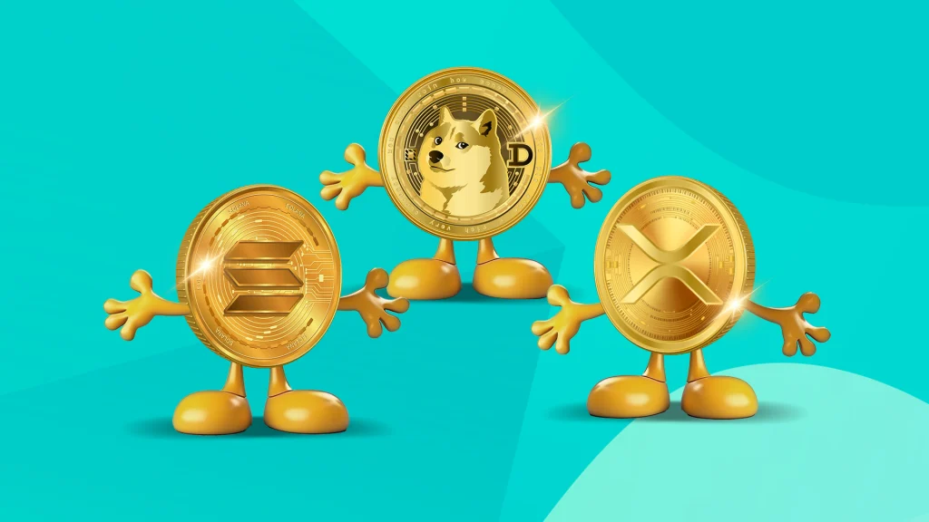 Three cryptocurrency gold coins feature including Solana, DOGE and XRP. 