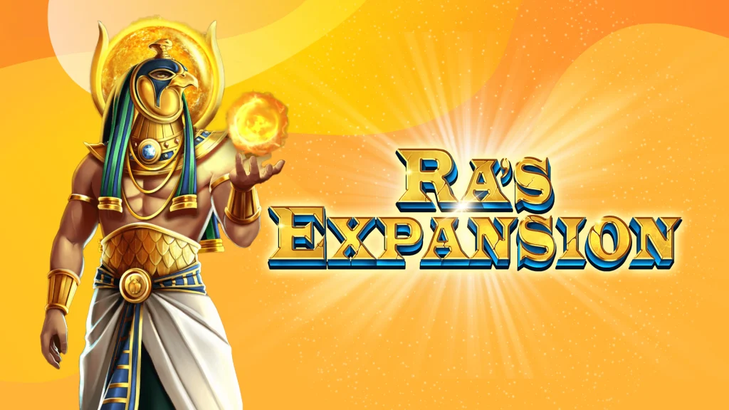 The Egyptian god Ra stands to the left holding the sun in his hand and to his right reads ‘Ra’s Expansion’ and it’s all with a yellow background. 