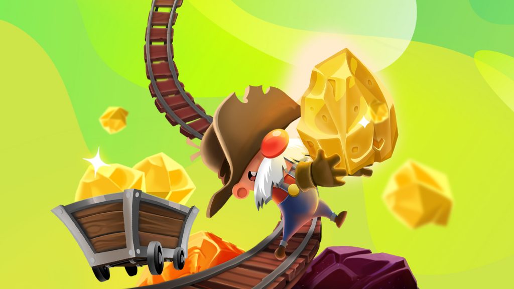A cartoon miner is racing down a minecart track while holding a giant gold nugget, surrounded by flying golden gems and vibrant background colors.