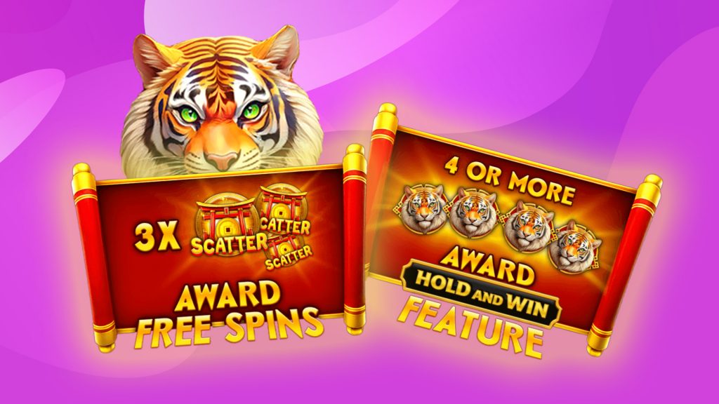 A sinister-looking tiger’s head is poised over a red scroll that says, “3x scatter award free spins,” and another red scroll to the right says, “4 or more award hold and win feature.”