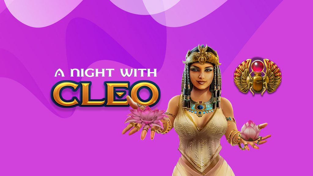 In a light purple image, Cleopatra stands with her arms outstretched, holding two lotus flowers. To her left is a scarab jewel, and to her right are letters that read, ‘A Night With Cleo.’
