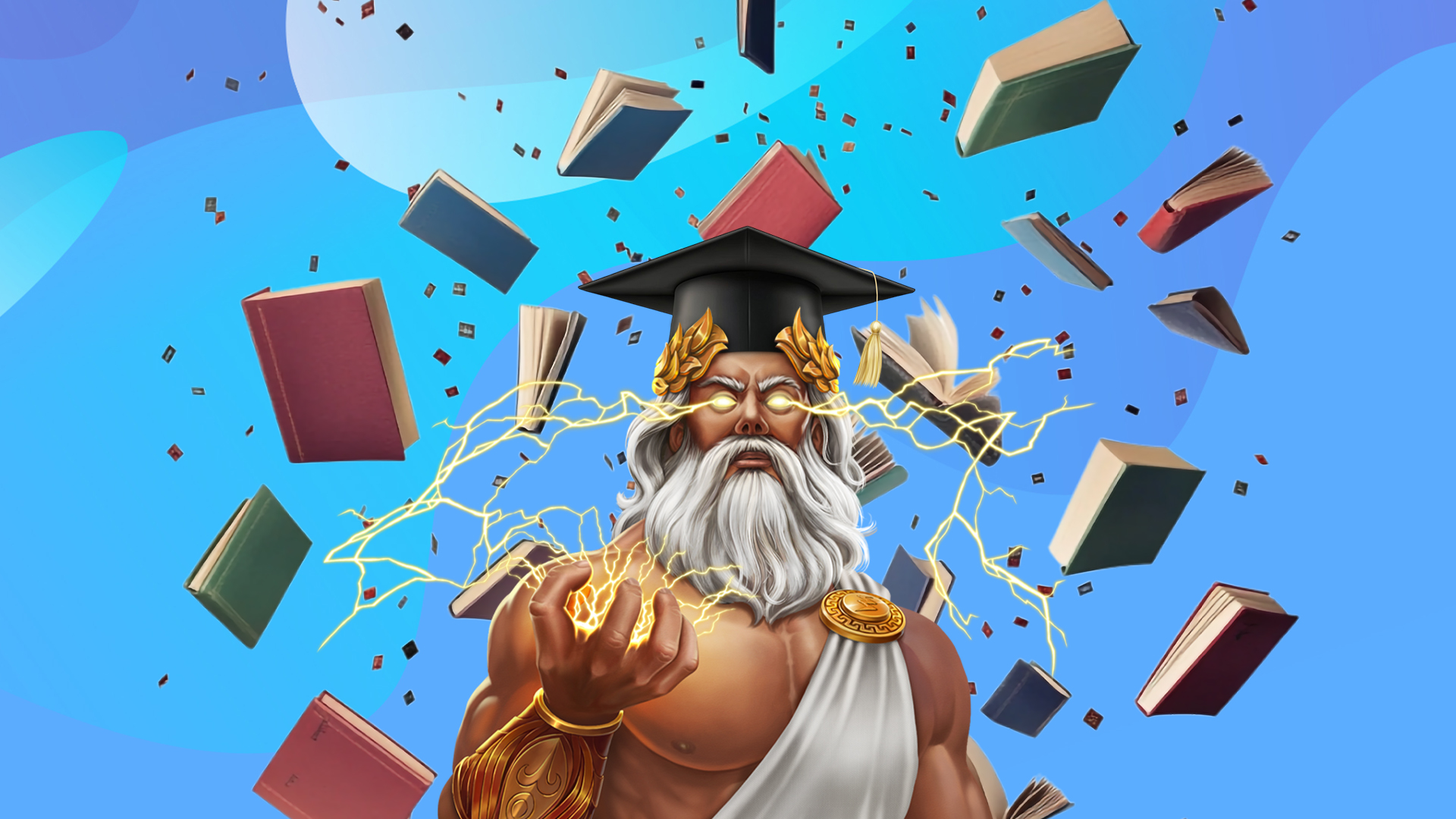 Lightning shoots out of Zeus’s eyes and open palms. He’s wearing a graduation cap, and books are floating around him in a sea of confetti on a blue and purple background.