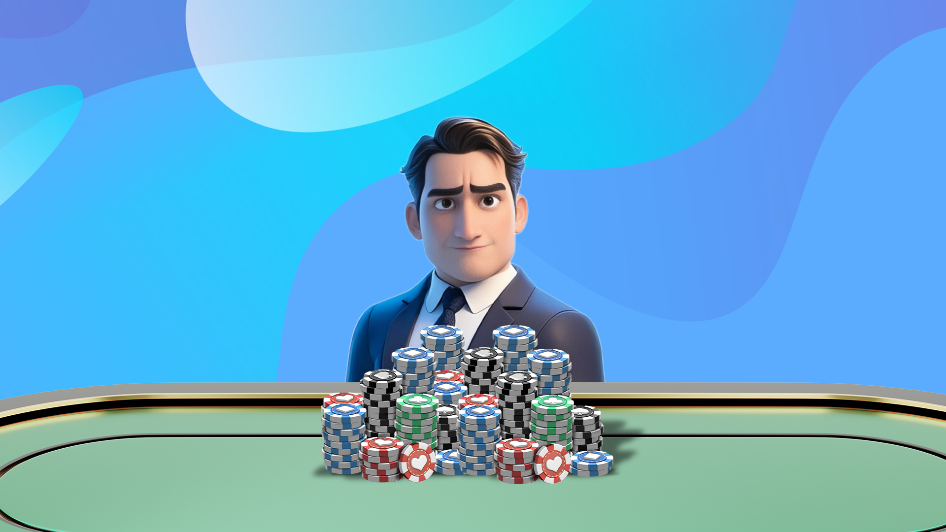 A serious-looking man sits behind a stack of betting chips on a green-felt casino table. Behind him is a light blue background.