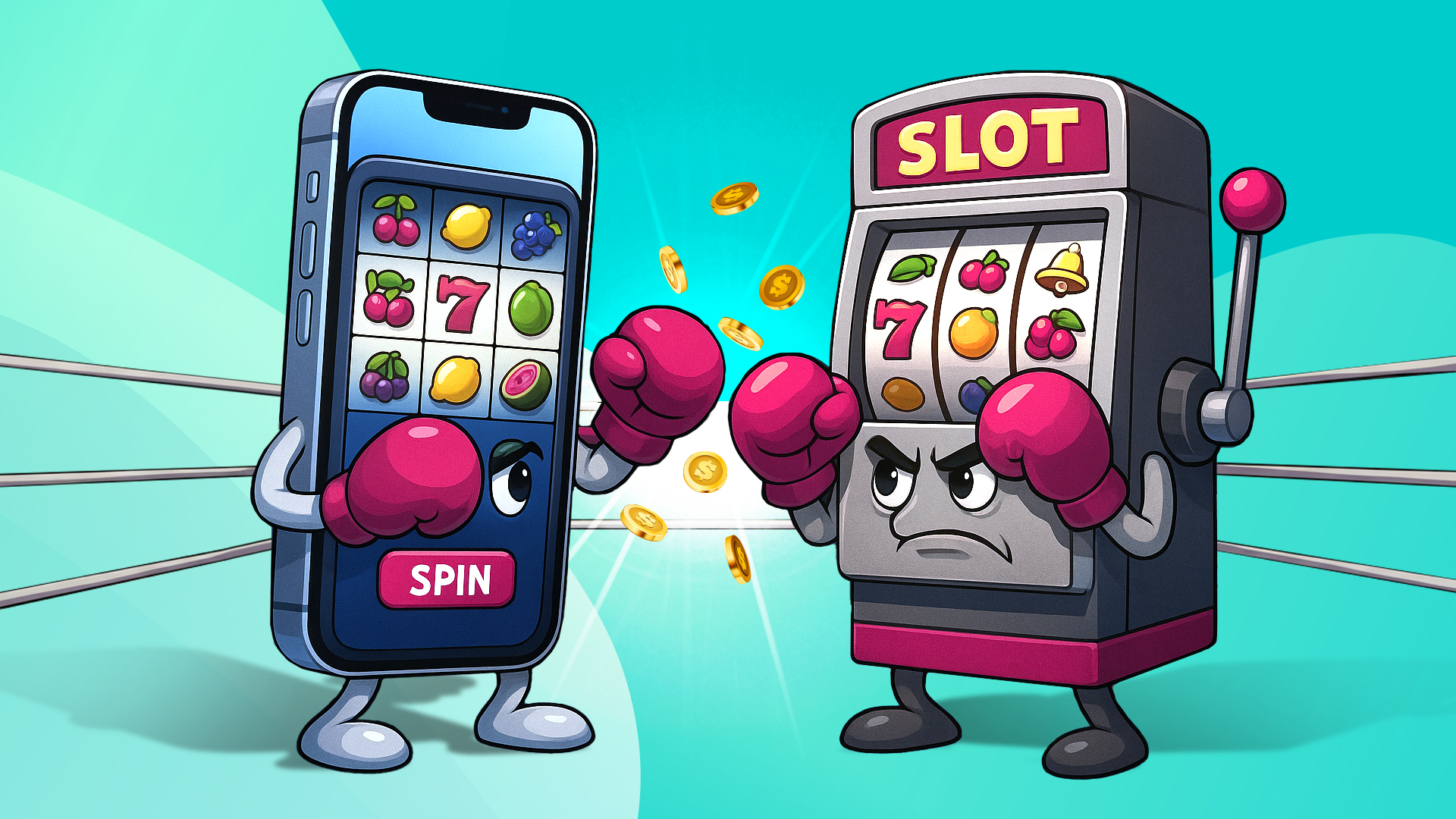 On a teal background, a phone showing a slot game in action wears boxing gloves and prepares to fight a traditional casino slot within a boxing ring.
