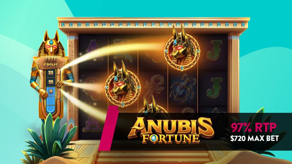 On a teal background, the ancient Egyptian god Anubis stands to the left of a slot screen in action, highlighting three symbols of his face on the slot grid. Below it, a banner says, “Anubis Fortune 97% RTP $720 max bet.”