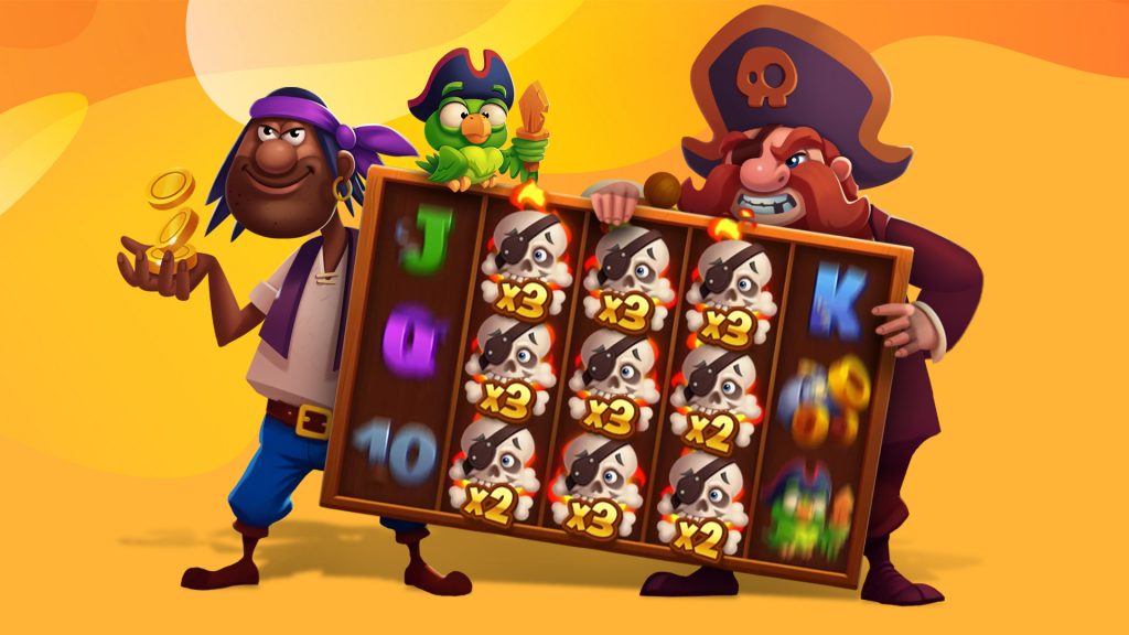 Lucky Raider’s characters hoist the spinning slot grid aloft, symbols whirling in a dazzling display.