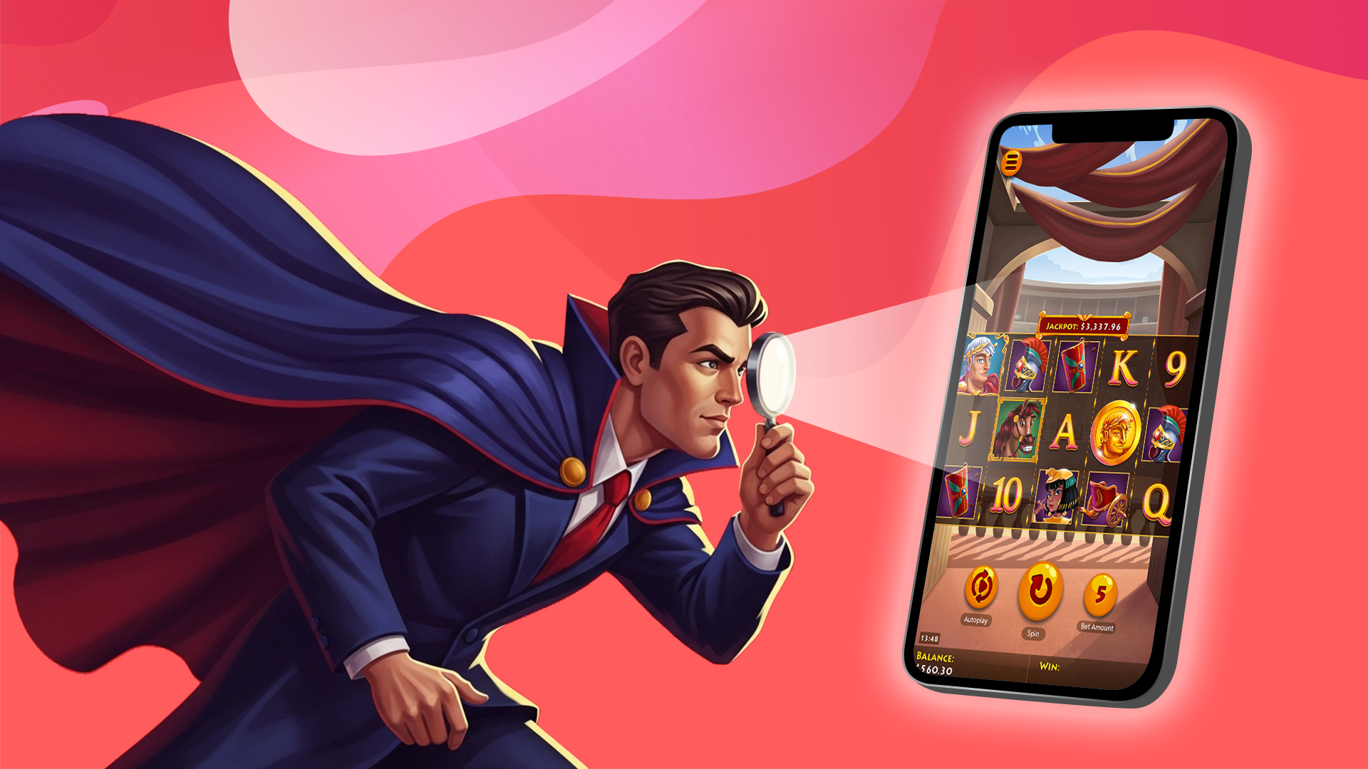 A superhero with a cape on a pink background holds a magnifying glass to a mobile phone playing a slot game.