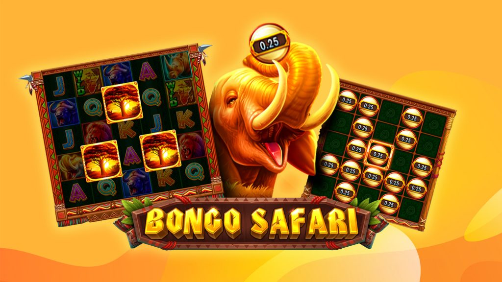 On a vibrant yellow background, you can see it written Bongo Safari, as well as screenshots of game elements and the elephant.