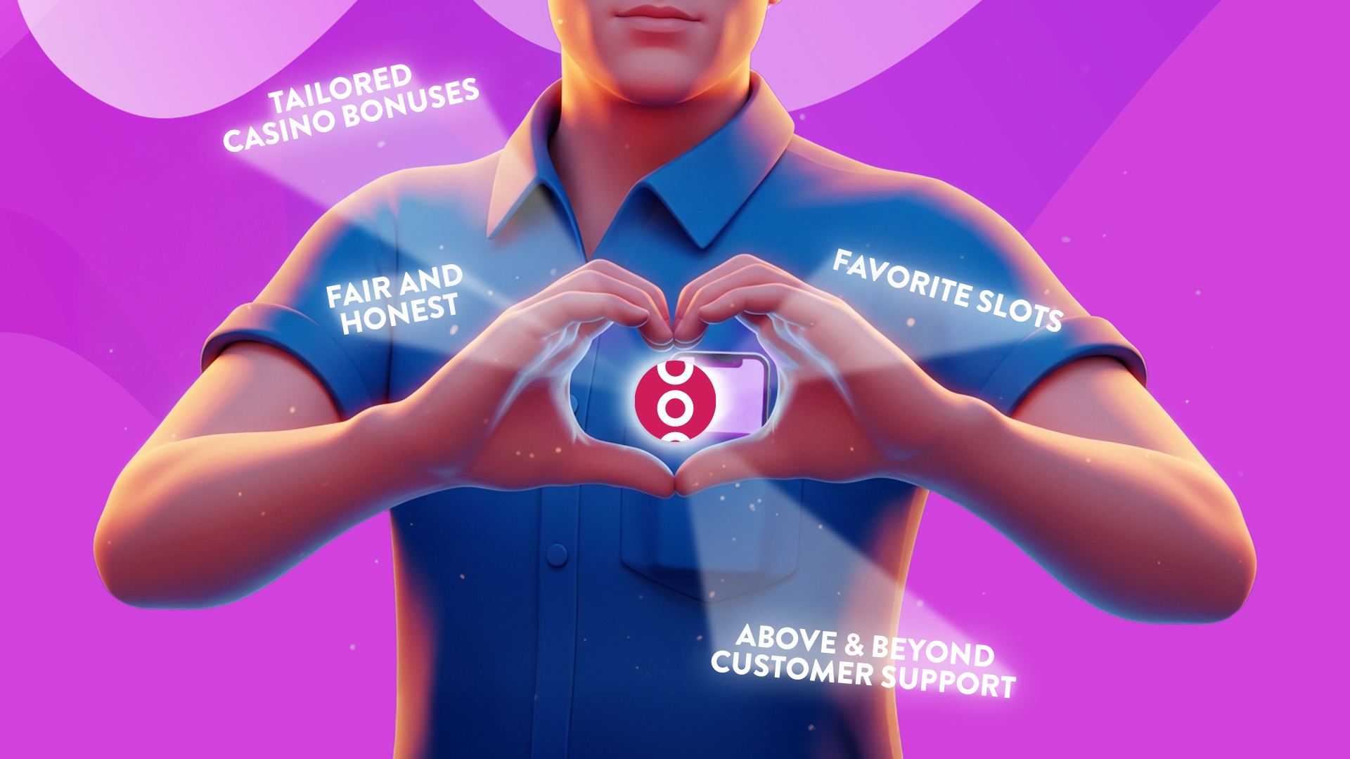 A man in a blue button-down shirt holds his hands together in the shape of a heart with the SlotsLV Casino logo in the center. Phrases of the casino’s benefits surround him, and it’s all done on a purple background.