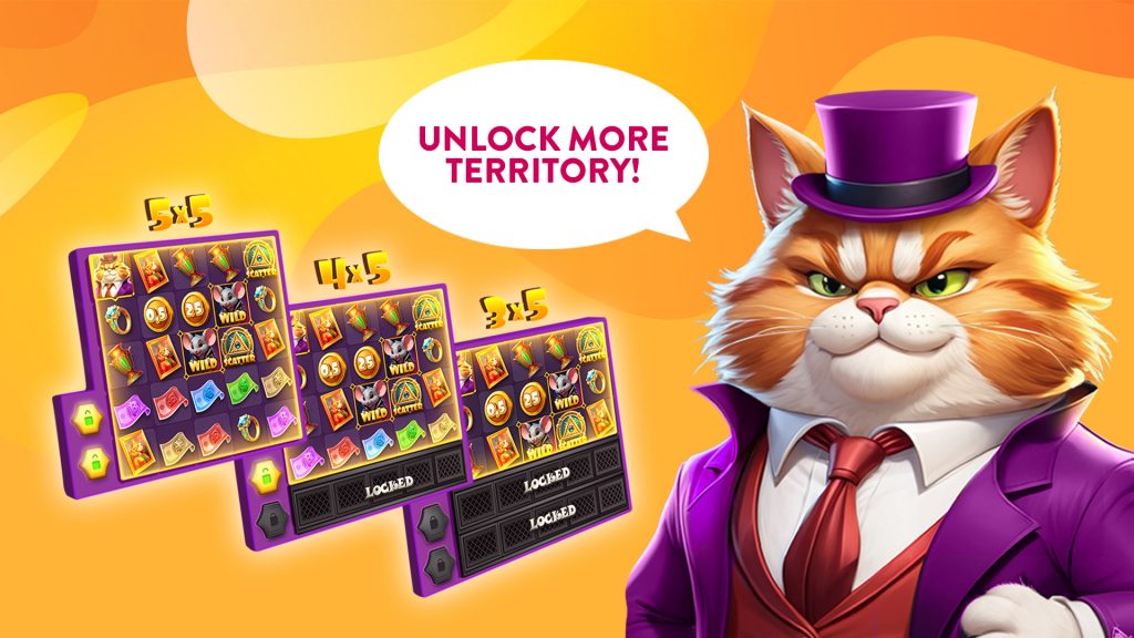 Big Boss Bonanza hero on the right, game grid on the left and a saying: Unlock More Territory!
