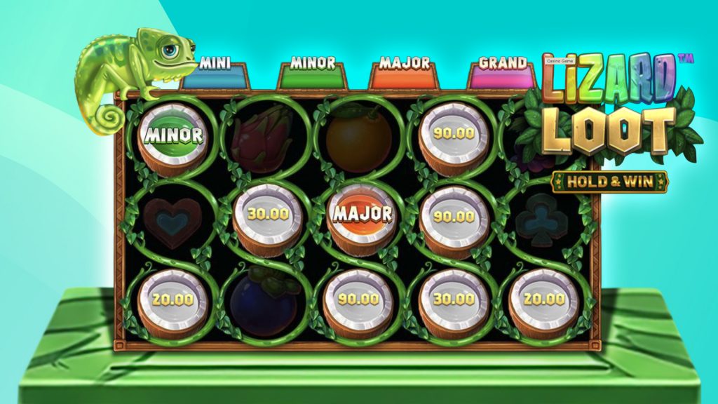 A lizard is perched on the top left of a hold and win game in action over a teal background. On the top right is text that says, “Lizard Loot Hold and Win.”
