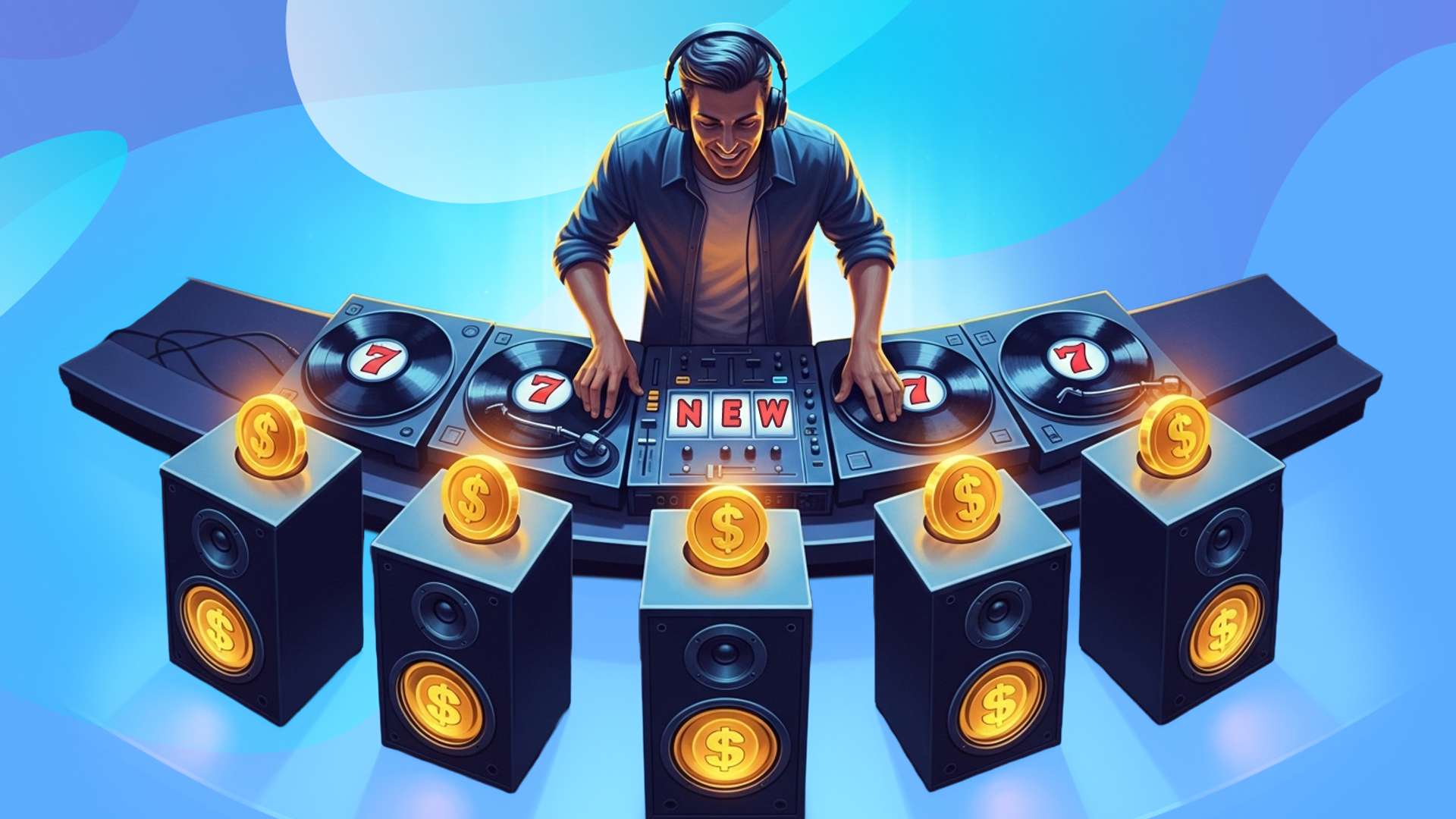 On a blue background, a DJ spins traditional turntables showing slot symbol “7s”. In front of him are five subwoofers with gold coins.