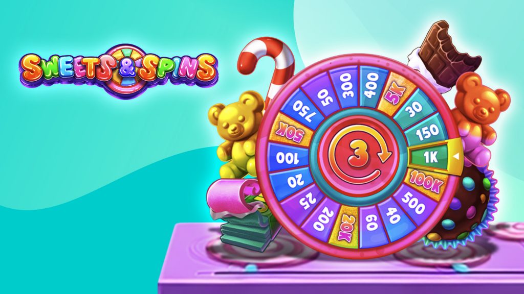 A wheel with multipliers spins among gummy bears and chocolates on a teal background. To its left, gummy text reads “Sweets & Spins.”