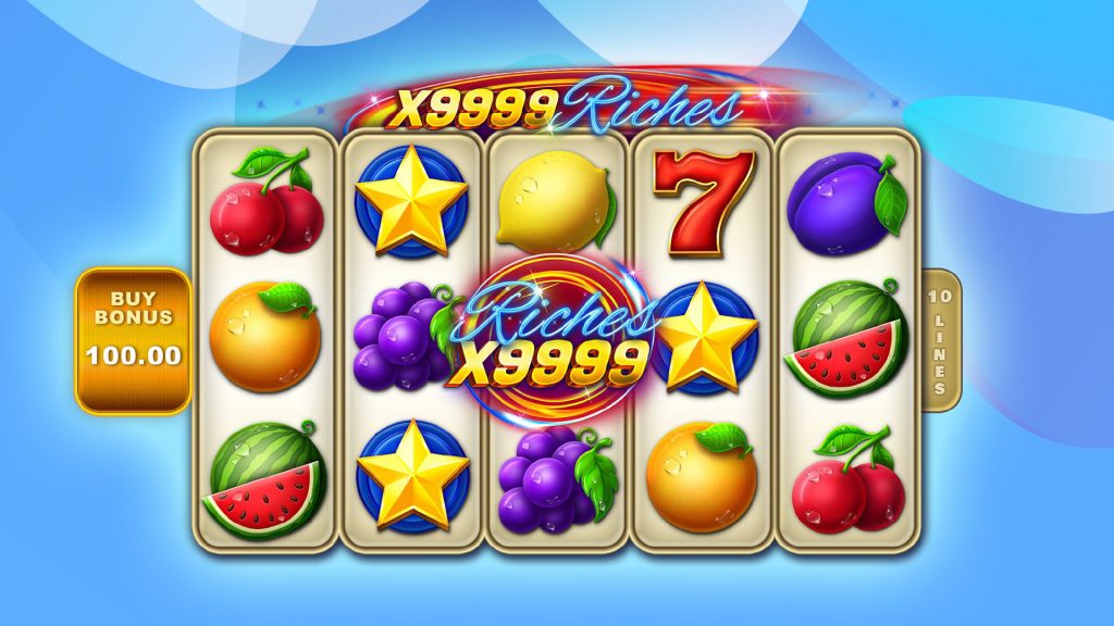 The game X9999 Riches is shown in action on a light blue background, populated with symbols of fruit, stars, and sevens.
