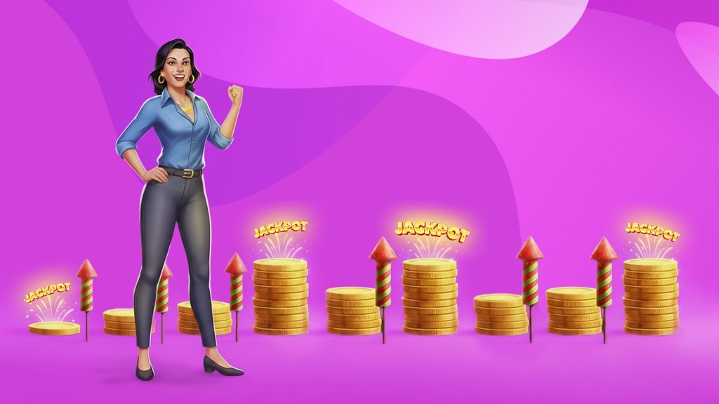 Stacks of gold coins alternate between small and large on a purple background, with rockets between them. A woman makes the “yes!” gesture with her arm, standing to the left.