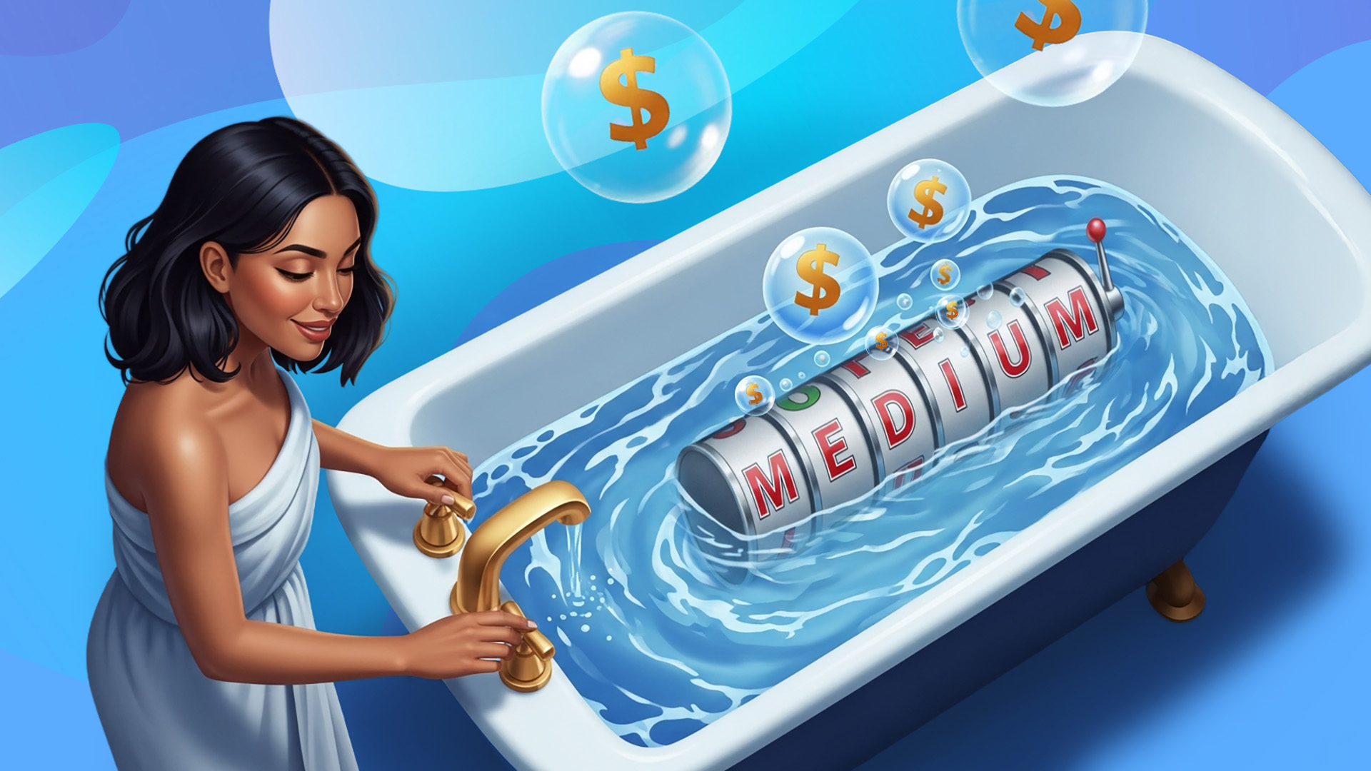A woman stands at a bath in a blue image, with slot reels showing the word “MEDIUM” in the middle. Bubbles float above it with gold dollar signs.