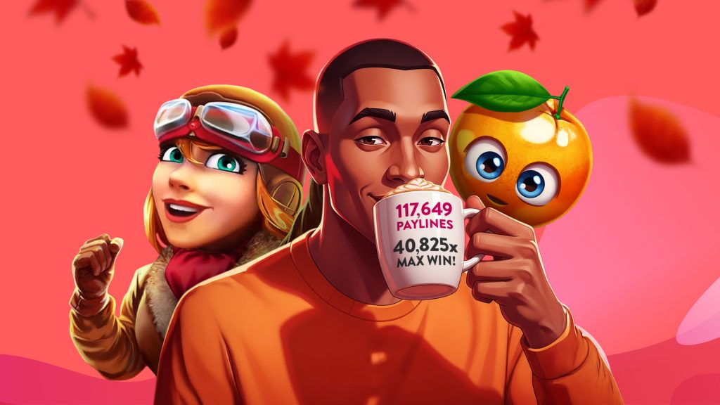 Leaves fall on a red background, and a man drinks a mug with whipped cream that says, “117 paylines, 40,825x max win!” A woman pilot with goggles and a cartoon orange is on his right and left.