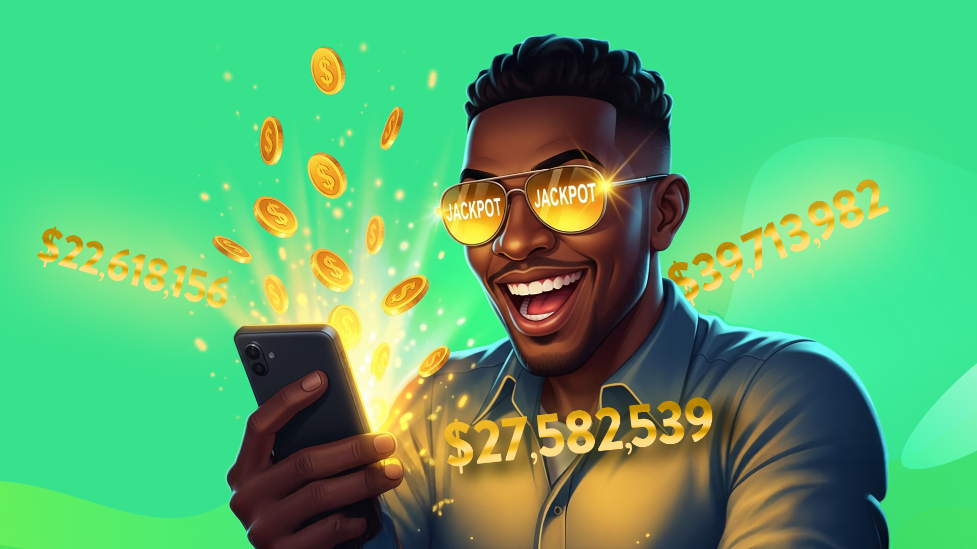 On a mint-green background, a slot player looks excitedly into his phone as a jackpot explodes with gold coins, reflecting the words “JACKPOT” in the lenses of his sunglasses.