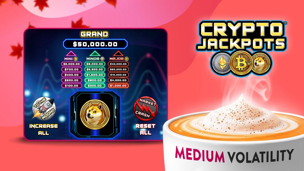A coffee mug says “Medium Volatility,” with steam rising from its hot contents, toward text that says, “Crypto Jackpots” at the top. To the left, the game mentioned is in action over a red background.