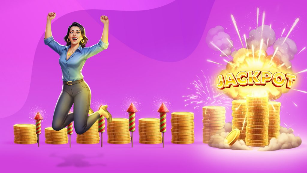 On a purple background, progressively taller stacks of coins end up with an exploding jackpot. A lady in a blue shirt jumps for joy on the left.