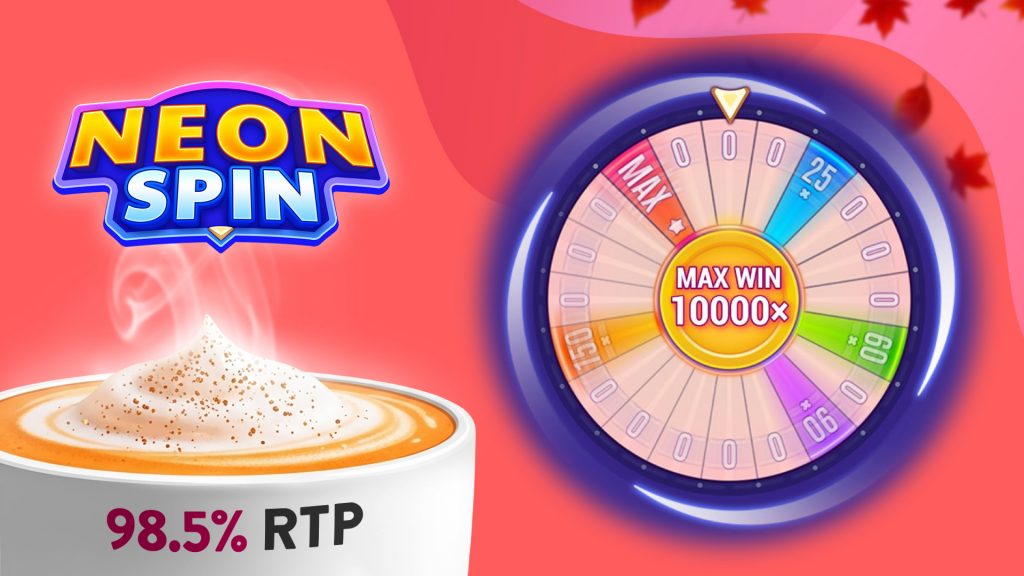 “Neon Spin” is shown above rising smoke on a white mug with “98.5% RTP” on a red background. To its right is a spinning wheel with numbers and a blurred purple border.