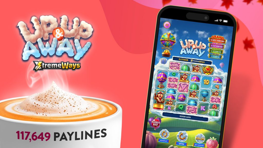 Steam from a hot beverage makes out the text “Up Up & Away,” with “117,649 paylines” displayed on the white mug. To its left is a smartphone showing the game screen.