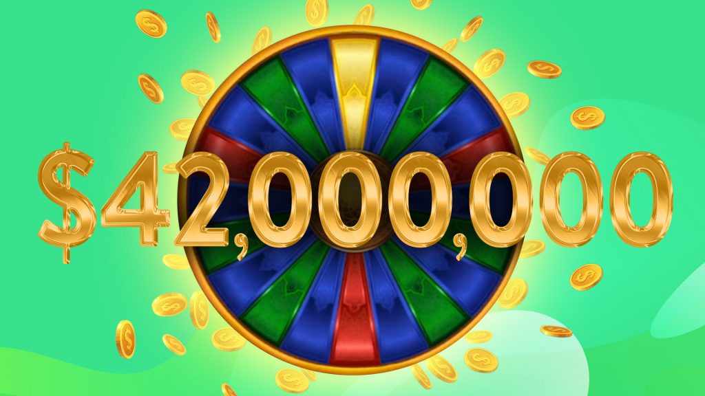 The sum of $42,000,000 dazzles in gold over a colored wheel on a mint-green background.