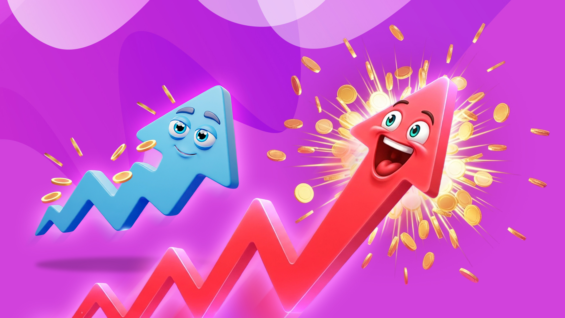 A content-looking blue arrow with a short tail points upward, with a sprinkling of gold coins at its head. To its right, a red arrow with a huge smile and a longer tail shoots upward with an array of gold coins bursting from the top. Both are shown on a light purple-pink background.