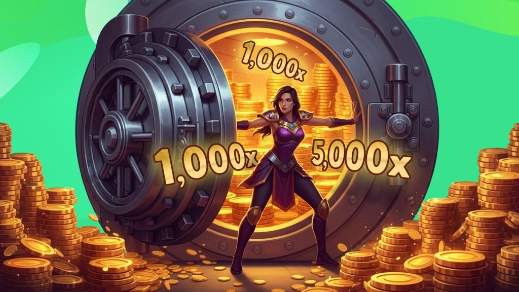 A woman busts through a vault door, revealing piles of gold coins and multiplier values of 1,000x and 5,000x.