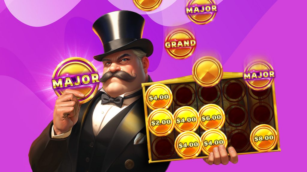 With a purple background, a large gentleman in a top hat and tux holds gold coins that say Major and Grand, with other coins showing dollar values falling into a grid in his left hand.