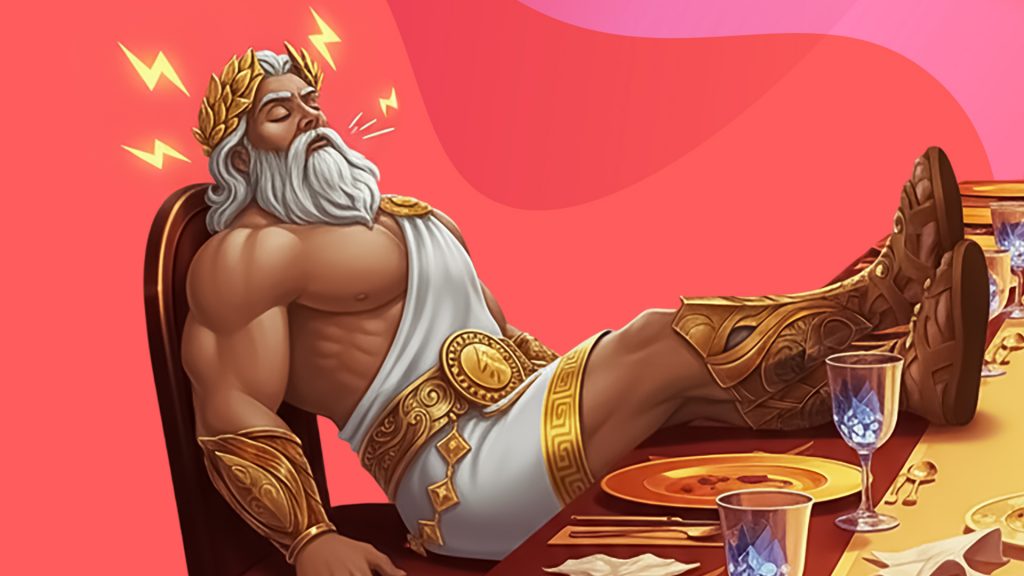 In a pink image, Zeus is dozing in his chair with his feet hoisted onto the table, lightning bolts escaping from his head.