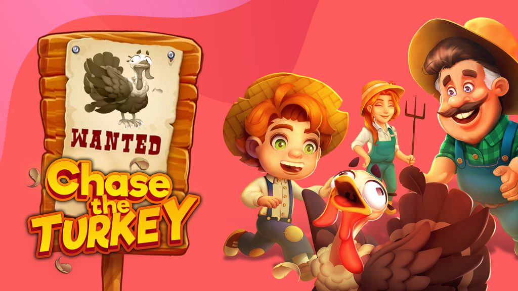 A young boy and his farmer parents chase down a wild turkey in a red image. To their left is a wooden sign that says “WANTED” and “Chase the Turkey” below it.