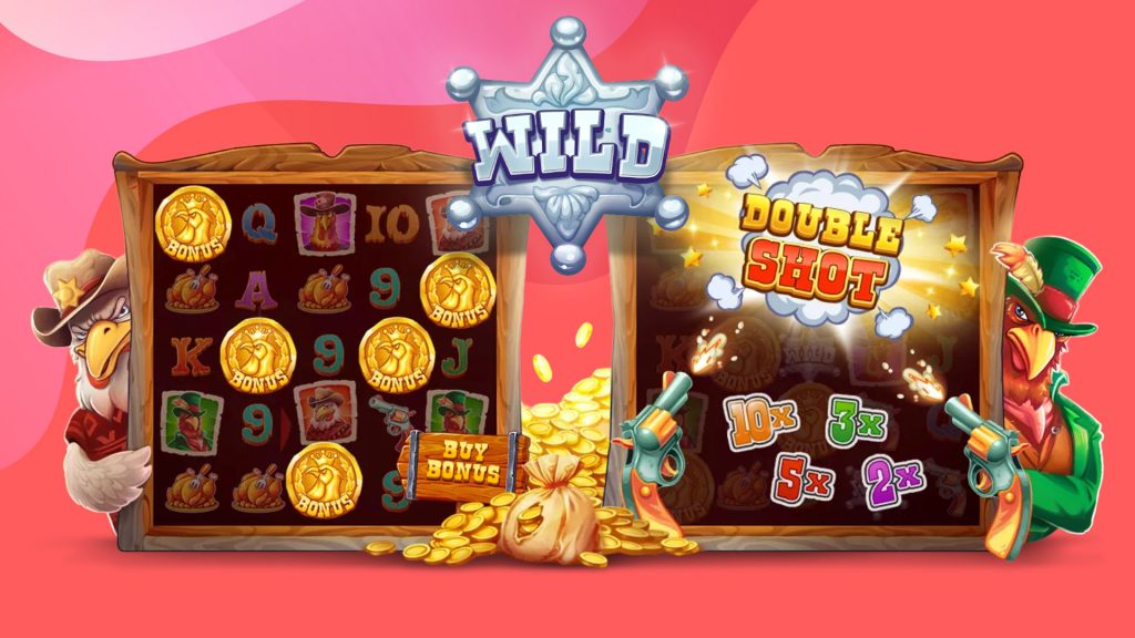 On a red image, a slot game is shown in action on the left and right, with two cowboy chickens holding up each side and a silver Wild sheriff’s badge in the center.