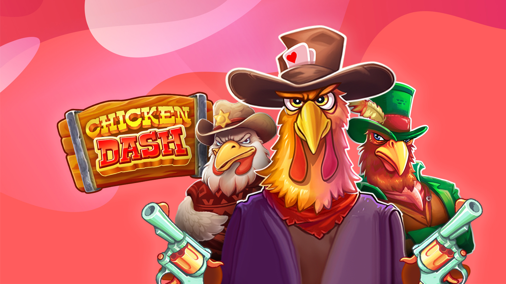 Three outlaw chickens wield pistols to the right of an old wooden sign that says, “Chicken Dash” on a red background.
